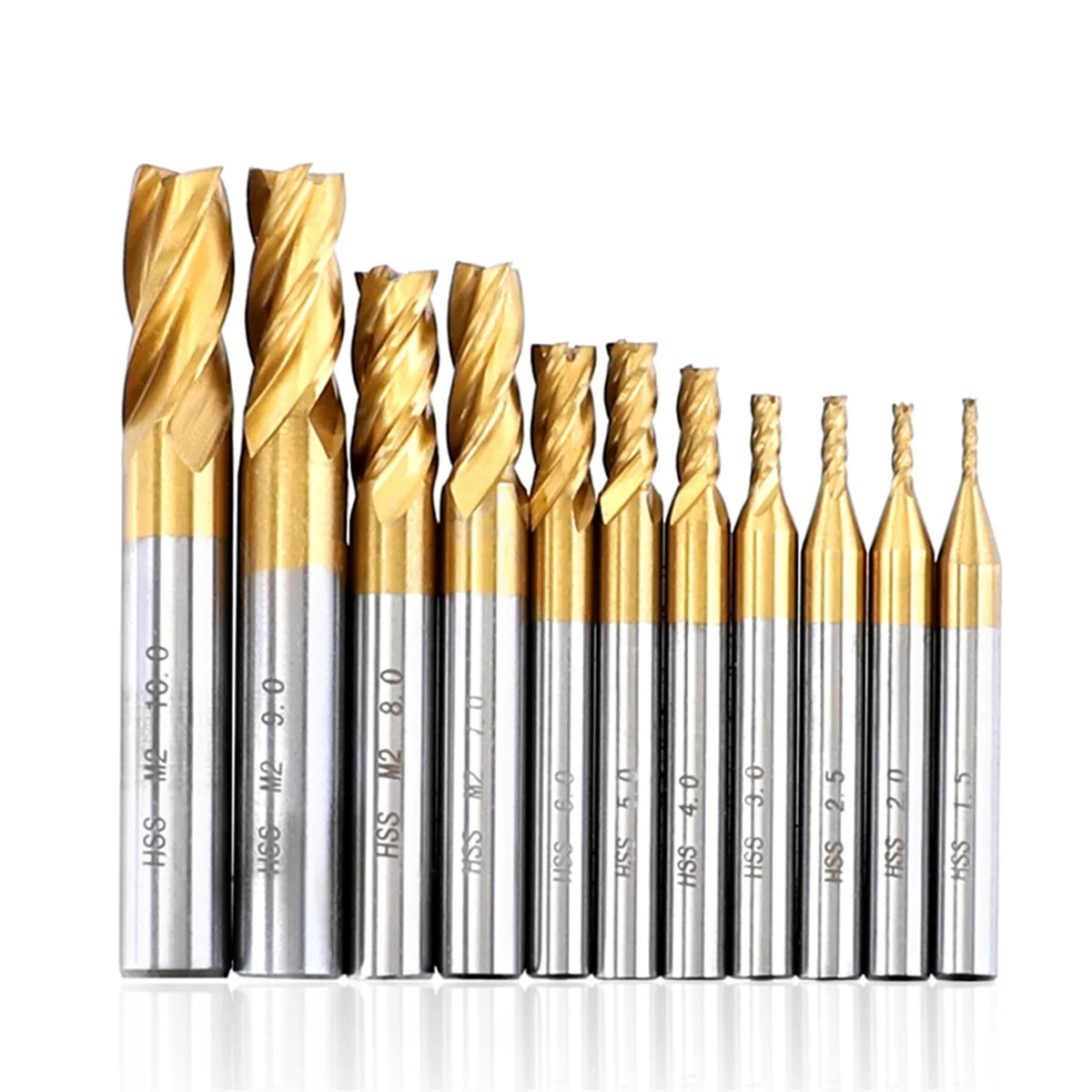 11Pcs Milling Cutters 4-Flute Titanium Coated HSS End Mill Set 1.5-10mm CNC Router Bit for Wood Steel Milling
11Pcs Milling Cutters 4-Flute Titanium Coated HSS End Mill Set 1.5-10mm CNC Router Bit for Wood Steel Milling