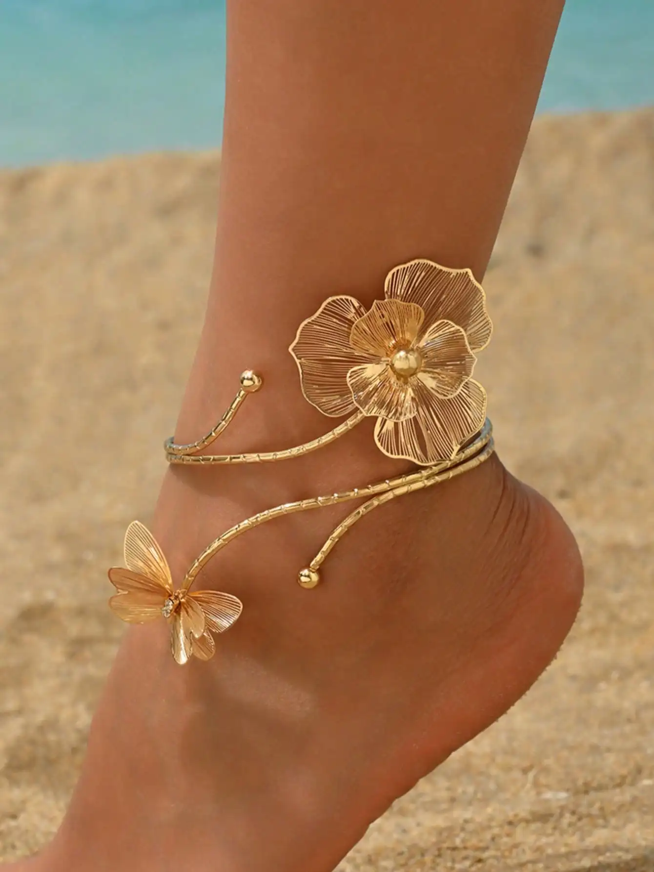 1pc Fashionable & Elegant Adjustable Anklet For Women, Versatile Floral Design With Golden Butterfly Charm, Suitable For Holiday, Beach, Travel Wear
1pc Fashionable & Elegant Adjustable Anklet For Women, Versatile Floral Design With Golden Butterfly Charm, Suitable For Holiday, Beach, Travel Wear