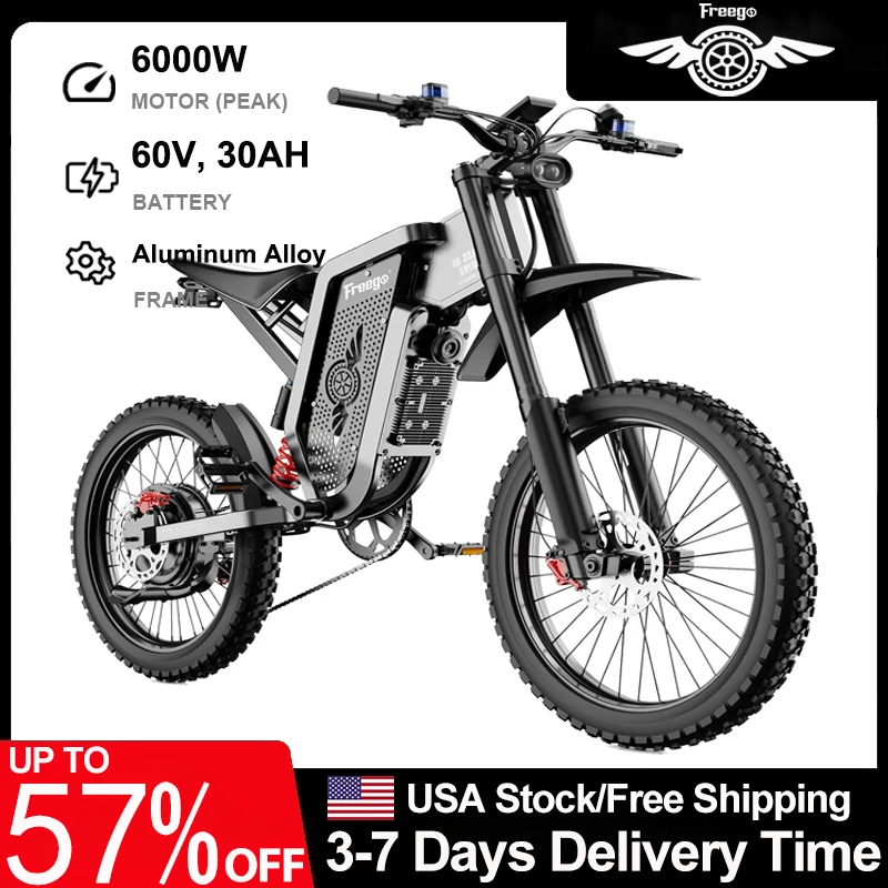ebike Freego X2 Electric Motorcycles Brushless Gearless Motors 6000W 60V/30Ah Lithium Battery 50MPH Adult Off Road MTB Ebike
ebike Freego X2 Electric Motorcycles Brushless Gearless Motors 6000W 60V/30Ah Lithium Battery 50MPH Adult Off Road MTB Ebike