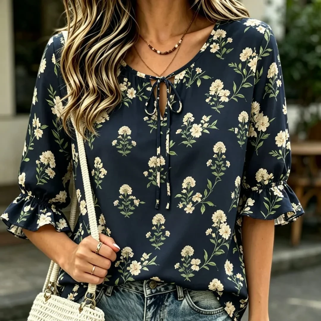 Navy Blue Tiny White Floral Print Tie Neck Blouse Ruffle Half Sleeve Casual Loose Summer Shirt
Navy Blue Tiny White Floral Print Tie Neck Blouse Ruffle Half Sleeve Casual Loose Summer Shirt