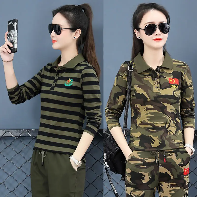 Женская футболка с камуфляжным принтом на весну-осень 2025, модная, в стиле милитари, для танцев, с отложным воротником и полосками
Женская футболка с камуфляжным принтом на весну-осень 2025, модная, в стиле милитари, для танцев, с отложным воротником и полосками