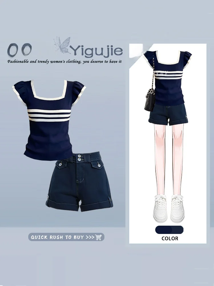 Retro Hong Kong Style Korean Slim Fit Color Block Design Lace Short Sleeve Top And Denim Shorts Two Piece Set Summer Women's ...
Retro Hong Kong Style Korean Slim Fit Color Block Design Lace Short Sleeve Top And Denim Shorts Two Piece Set Summer Women's ...