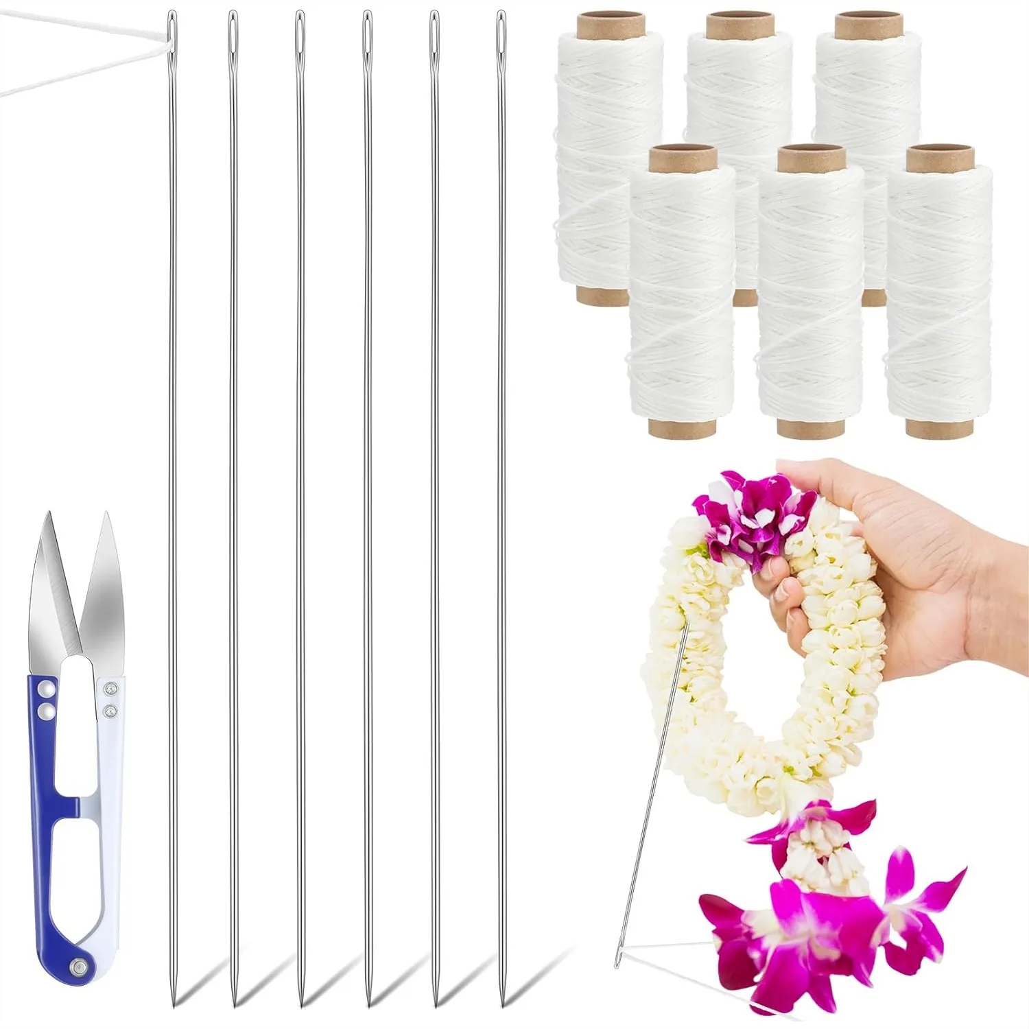 14" Stainless Steel Lei Needle Kit with 6 Twine Rolls & Scissors for DIY Hawaiian Graduation Flower Wreath Craft Accessory
14" Stainless Steel Lei Needle Kit with 6 Twine Rolls & Scissors for DIY Hawaiian Graduation Flower Wreath Craft Accessory