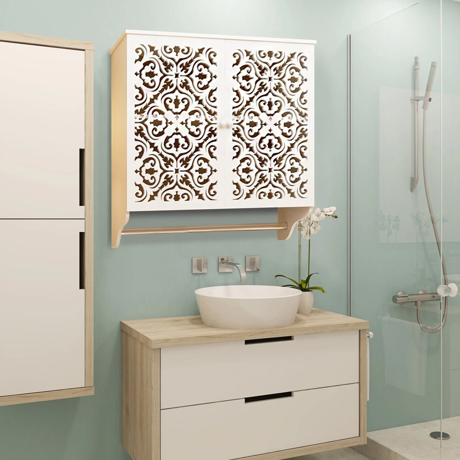 Bathroom Wall Cabinet with Towels Bar Over Toilet Space Saver Storage Cabinet Wood Wall Mounted for Laundry living Room Kitchen
Bathroom Wall Cabinet with Towels Bar Over Toilet Space Saver Storage Cabinet Wood Wall Mounted for Laundry living Room Kitchen