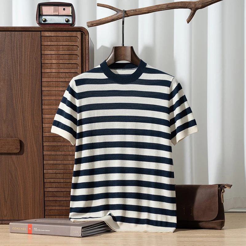 Men's Summer Thin Round Neck Pullover T-Shirt Short Sleeved 10% Cashmere 20% Wool 70% Mulberry Silk Casual Striped Knitted Tops.
Men's Summer Thin Round Neck Pullover T-Shirt Short Sleeved 10% Cashmere 20% Wool 70% Mulberry Silk Casual Striped Knitted Tops.
