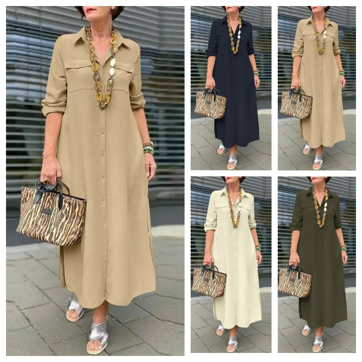 Women's Shirt Dress Lapel Long Sleeve Button Pocket Fashion Khaki Loose Black Street Large Size Long Dress
Women's Shirt Dress Lapel Long Sleeve Button Pocket Fashion Khaki Loose Black Street Large Size Long Dress