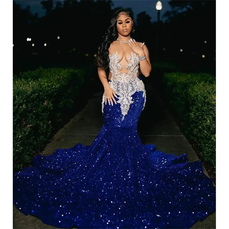 2024 Royal Blue Black Girls Sheer Neck Prom Dresses Sequins Beaded Appliques Sweep Train Mermaid Formal Occasion Gowns
2024 Royal Blue Black Girls Sheer Neck Prom Dresses Sequins Beaded Appliques Sweep Train Mermaid Formal Occasion Gowns