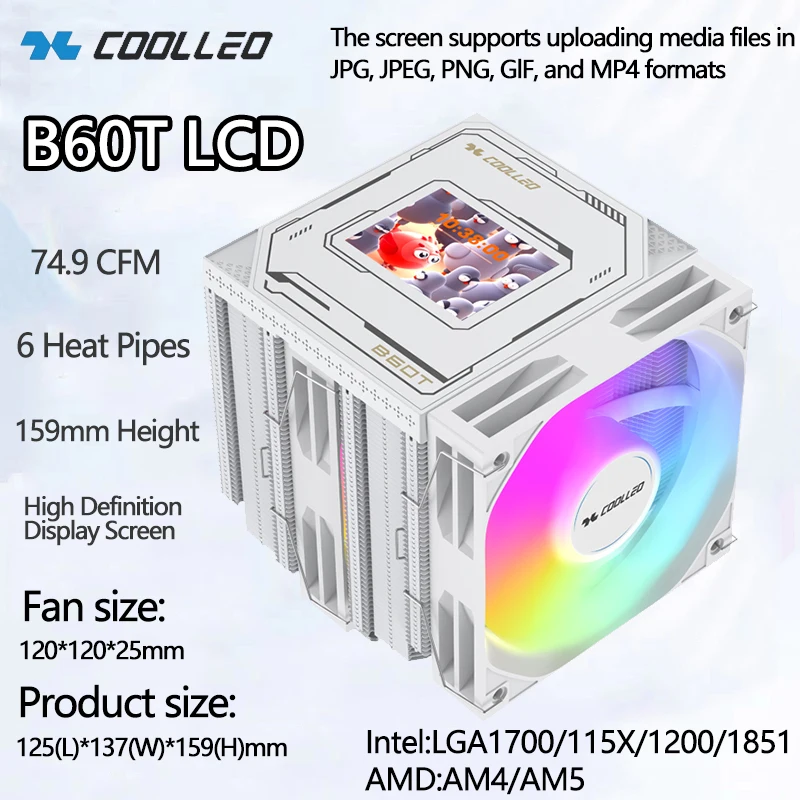 COOLLEO B60T LCD High-Definition Custom Screen Air-Cooled Heat Sink 6 Heat Pipe Cooling Processor
COOLLEO B60T LCD High-Definition Custom Screen Air-Cooled Heat Sink 6 Heat Pipe Cooling Processor
