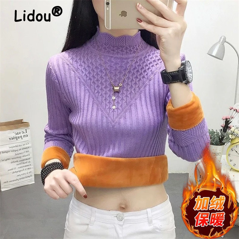 Autumn Winter Women Korean Fashion Half High Collar Velvet Thick Knitted Sweater Solid Long Sleeve Slim All Match Pullover Tops
Autumn Winter Women Korean Fashion Half High Collar Velvet Thick Knitted Sweater Solid Long Sleeve Slim All Match Pullover Tops