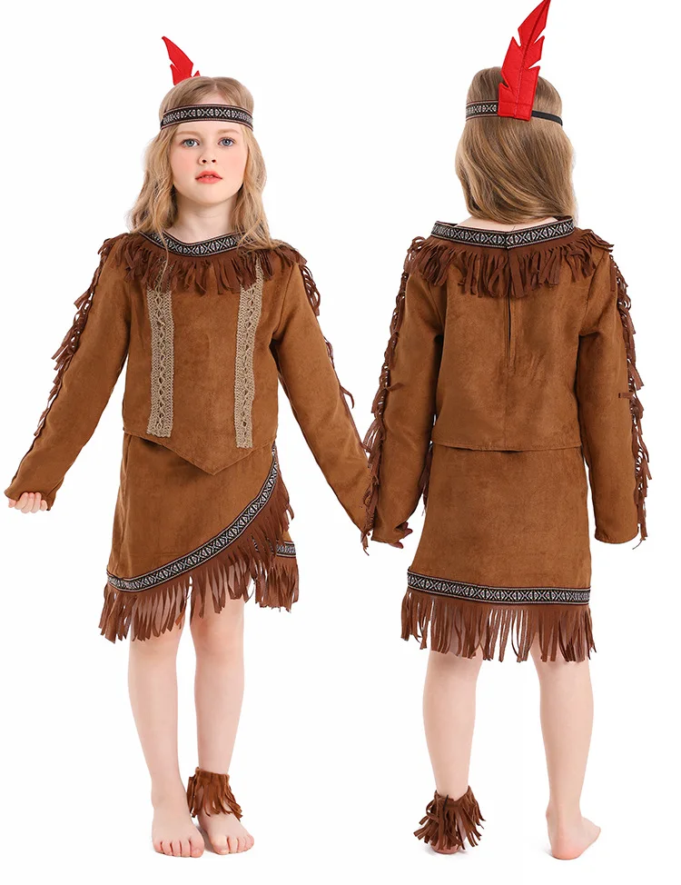 Girls Cosplay Indian Indigenous Costume Brown Fringe Top Skirt Kids Party Halloween Aboriginal Outfit Slave Archer Costumes
Girls Cosplay Indian Indigenous Costume Brown Fringe Top Skirt Kids Party Halloween Aboriginal Outfit Slave Archer Costumes