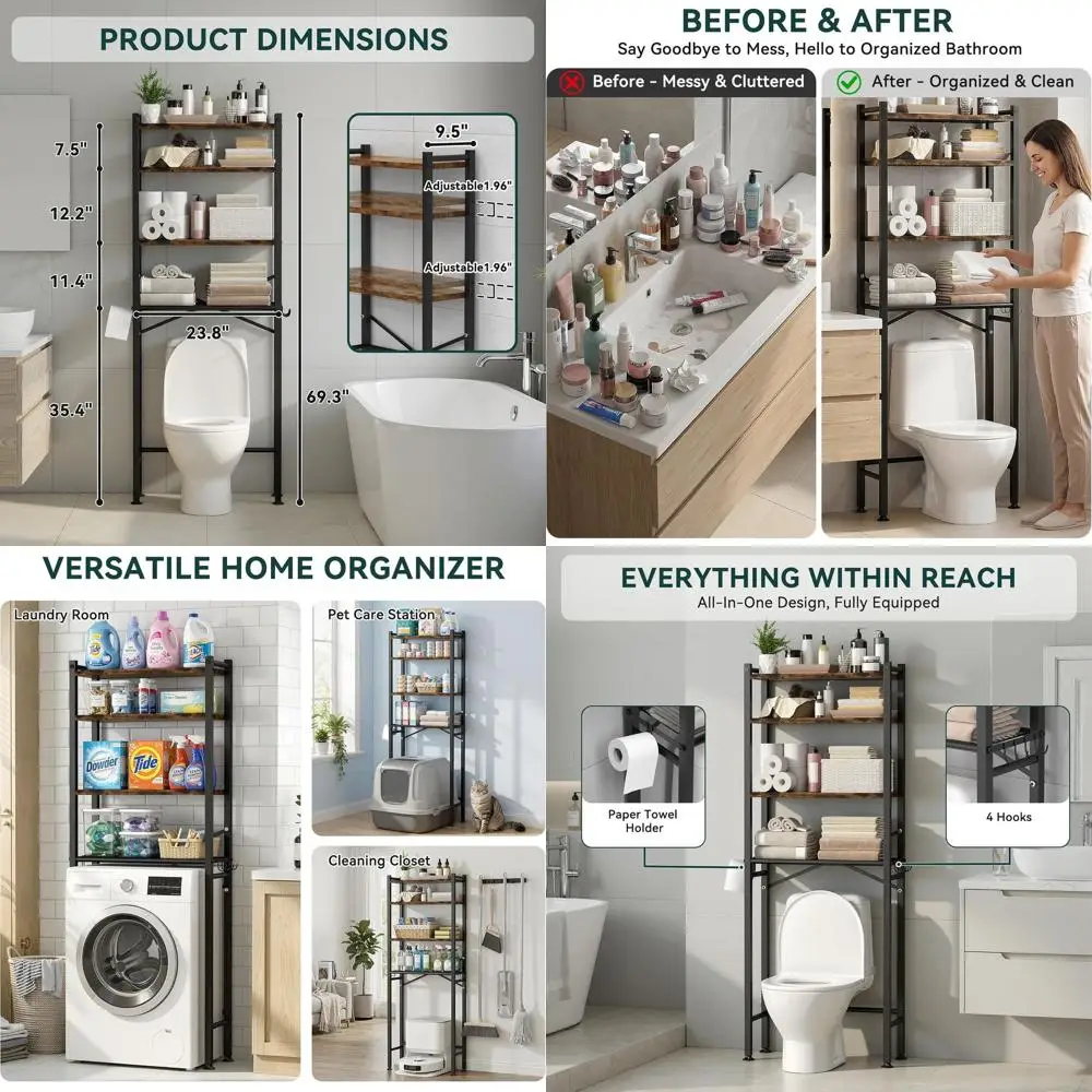 Over-the-Toilet 4-Tier Storage Rack, 69.3 Tall, Wooden Shelves, 4 Hooks, Paper Holder, Metal X-Frame, Space-Saving Organizer (Bl
Over-the-Toilet 4-Tier Storage Rack, 69.3 Tall, Wooden Shelves, 4 Hooks, Paper Holder, Metal X-Frame, Space-Saving Organizer (Bl