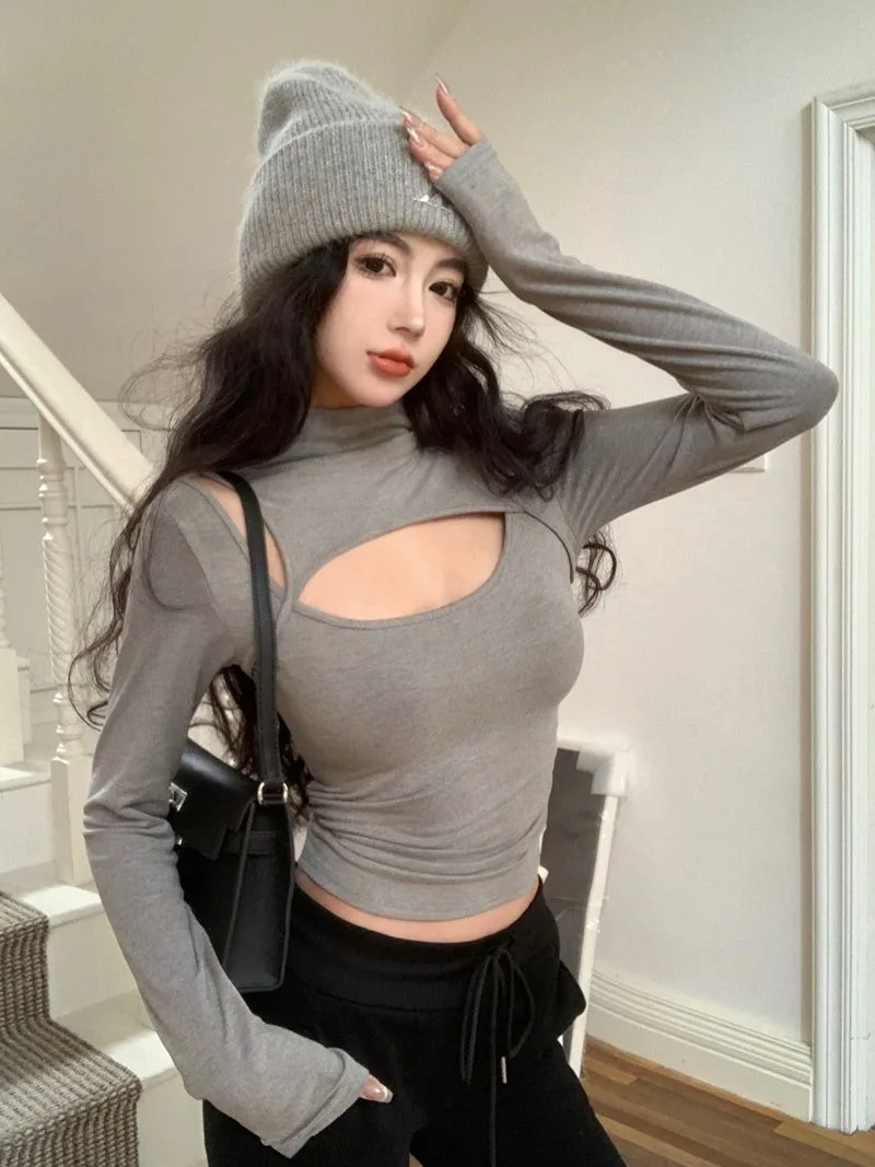 Spicy Girl Fashion Half High Neck T-shirt Women Hollow Out Patchwork Solid Korean Fashion Elastic Slim Spring Female Chic Top
Spicy Girl Fashion Half High Neck T-shirt Women Hollow Out Patchwork Solid Korean Fashion Elastic Slim Spring Female Chic Top