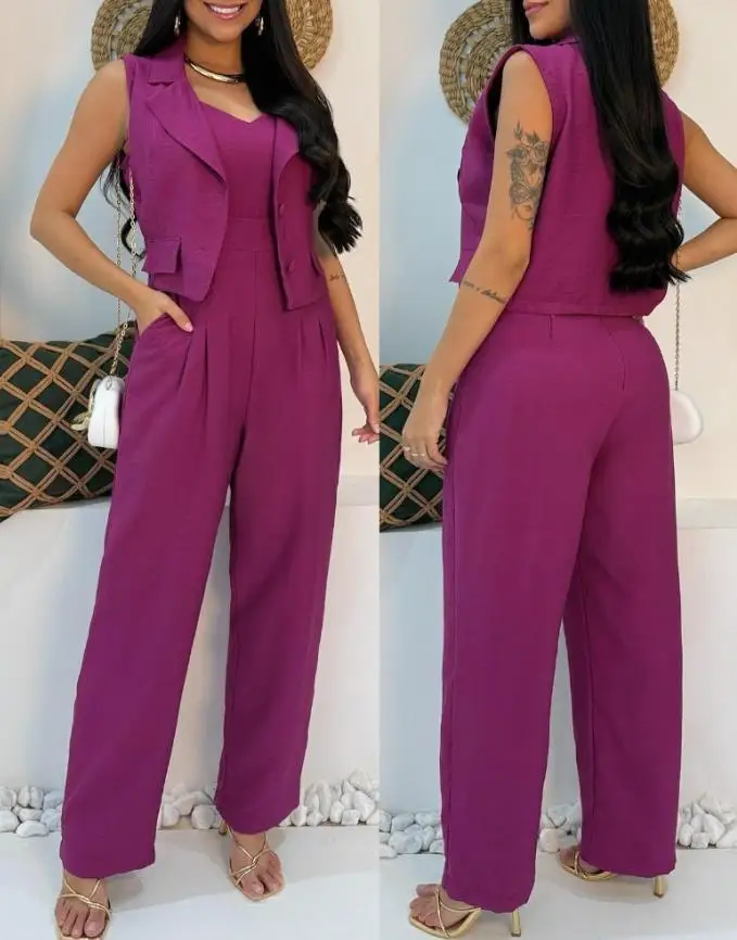 2025 Elegant Sexy 2 Pieces Outfit Sleeveless Notched Collar Crop Vest and Casual Spaghetti Strap Wide Leg Long Jumpsuit
2025 Elegant Sexy 2 Pieces Outfit Sleeveless Notched Collar Crop Vest and Casual Spaghetti Strap Wide Leg Long Jumpsuit