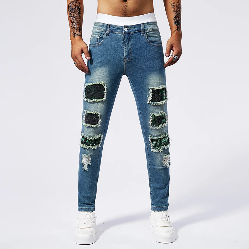 New high street tide brand blue jeans men's broken holes patches hot drill hundred casual Slim small leg pants men
New high street tide brand blue jeans men's broken holes patches hot drill hundred casual Slim small leg pants men