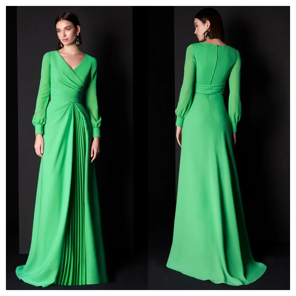 Customized Classic Green Chiffon Evening Dress Temperament V-Neck Long Sleeves Party Dress Simple Chapel Train Celebrity Gowns
Customized Classic Green Chiffon Evening Dress Temperament V-Neck Long Sleeves Party Dress Simple Chapel Train Celebrity Gowns
