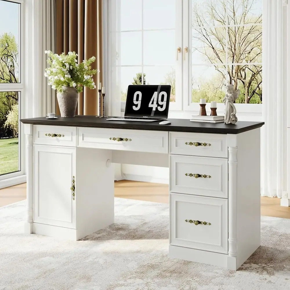 60 Antique White Executive Desk with Drawers, Charging Station, Keyboard Tray, and Storage Cabinet for Home Office or Study
60 Antique White Executive Desk with Drawers, Charging Station, Keyboard Tray, and Storage Cabinet for Home Office or Study