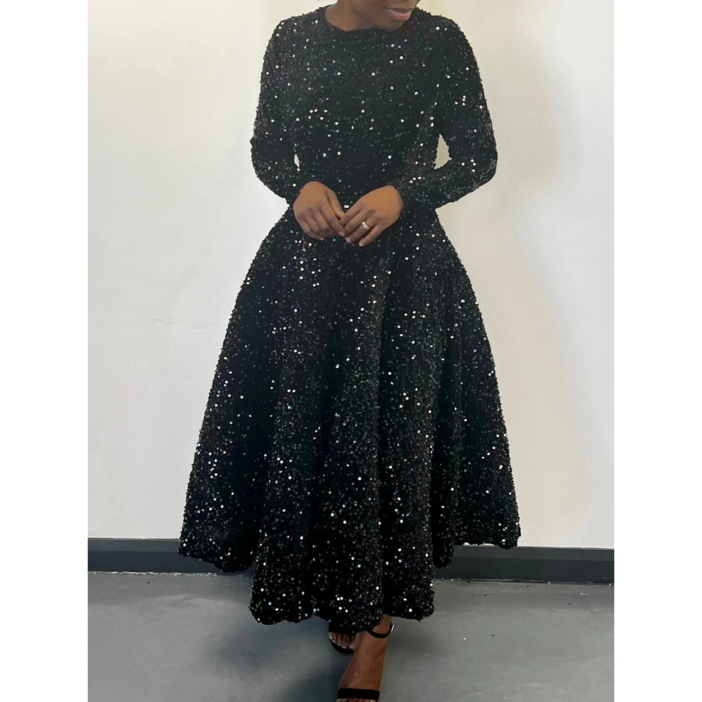Women Fashion All Over Sequin Glitter Decor Vestidos Ruched Dress Long Sleeve Large Swing Elegant Party Midi Dress Evening Gowns
Women Fashion All Over Sequin Glitter Decor Vestidos Ruched Dress Long Sleeve Large Swing Elegant Party Midi Dress Evening Gowns