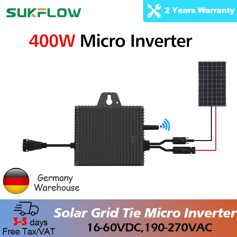 SUKFLOW 400W Grid Tie Micro inverter 16-60VDC to 190-270VAC Pure Sine Wave Micro inverter for PV Power System EU Stock
SUKFLOW 400W Grid Tie Micro inverter 16-60VDC to 190-270VAC Pure Sine Wave Micro inverter for PV Power System EU Stock