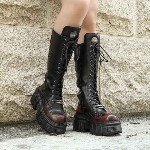 2025 New Trend Gothic Punk Unisex Flame Round Toe Thick Sole Metal Decorations Knee High Women Boots Plus Size Y2K Street Shoes