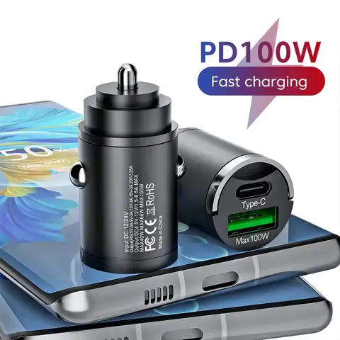 100W mini car charger fast charging for iPhone QC3.0 mini PD USB Type C car mobile phone charger for Xiaomi Samsung Huawei