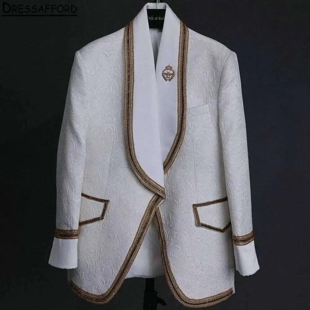 White Jacquard Men Suits For Wedding Gold Edge Groom Tuxedos 2 Pieces Jacket Pants Prom Blazers Customized
White Jacquard Men Suits For Wedding Gold Edge Groom Tuxedos 2 Pieces Jacket Pants Prom Blazers Customized