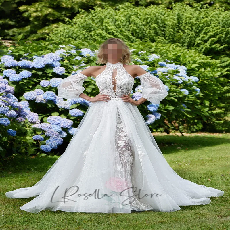 Shiny Lace Applique High Neckline Mermaid Wedding Dresses Custome Beaded Removable Sleeves and Train Backless Bridal Dresses
Shiny Lace Applique High Neckline Mermaid Wedding Dresses Custome Beaded Removable Sleeves and Train Backless Bridal Dresses