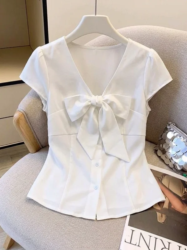 Knot V-Neck Short Sleeve White Shirt Women's Beautiful Fashionable Summer New Loose Fit Commute Style Korean Version
Knot V-Neck Short Sleeve White Shirt Women's Beautiful Fashionable Summer New Loose Fit Commute Style Korean Version