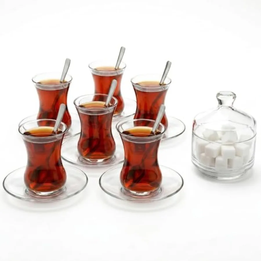 19 Pieces Turkish Tea Glasses Set Includes; 6 Glasses, Tea Cups 4.5 oz , 6 Saucers, 6 Stainless Steel Spoons and Sugar Bowl wit
19 Pieces Turkish Tea Glasses Set Includes; 6 Glasses, Tea Cups 4.5 oz , 6 Saucers, 6 Stainless Steel Spoons and Sugar Bowl wit