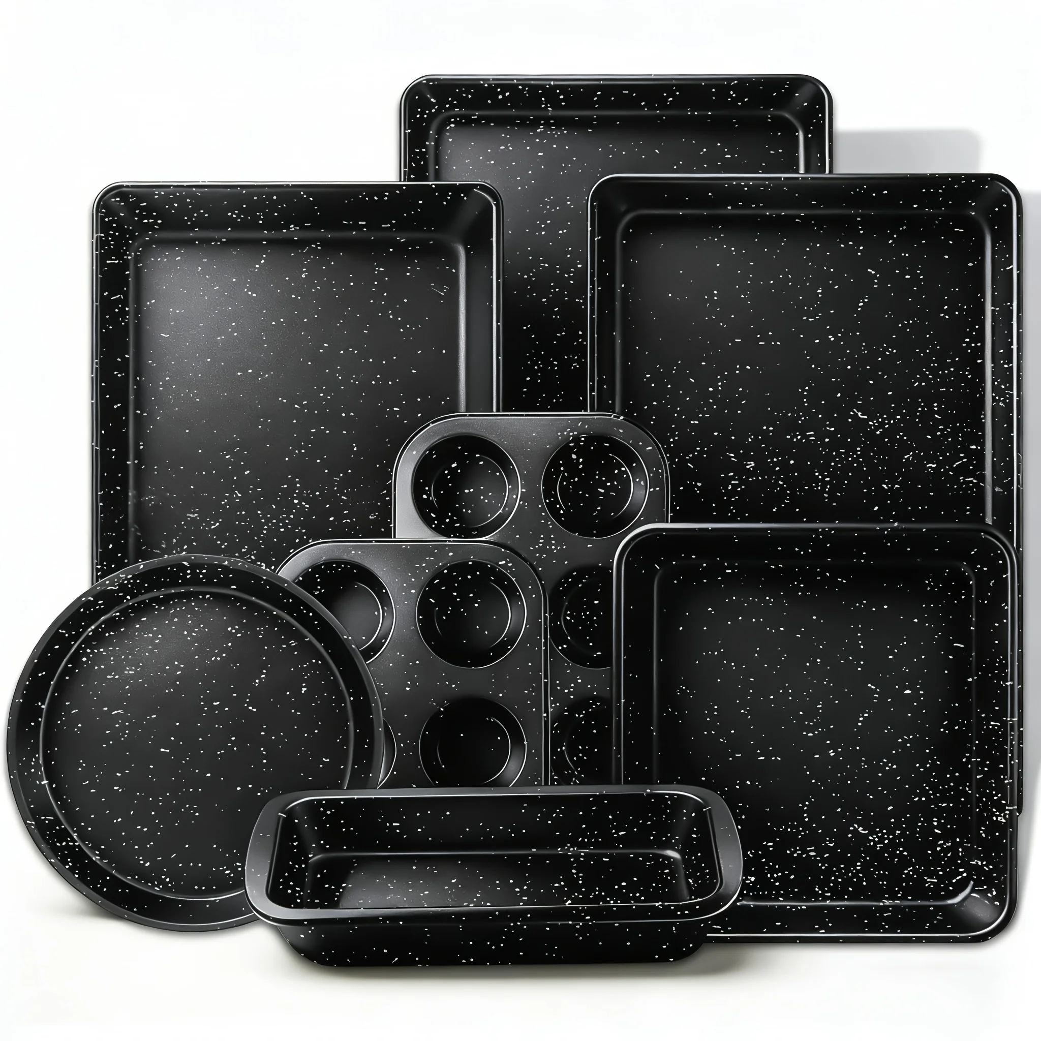 8pcs Heavy-Duty Nonstick Stackable Baking Pans Set with Black Speckle - 0.6mm Thick Carbon Steel Bakeware, Includes Cookie Sheet
8pcs Heavy-Duty Nonstick Stackable Baking Pans Set with Black Speckle - 0.6mm Thick Carbon Steel Bakeware, Includes Cookie Sheet
