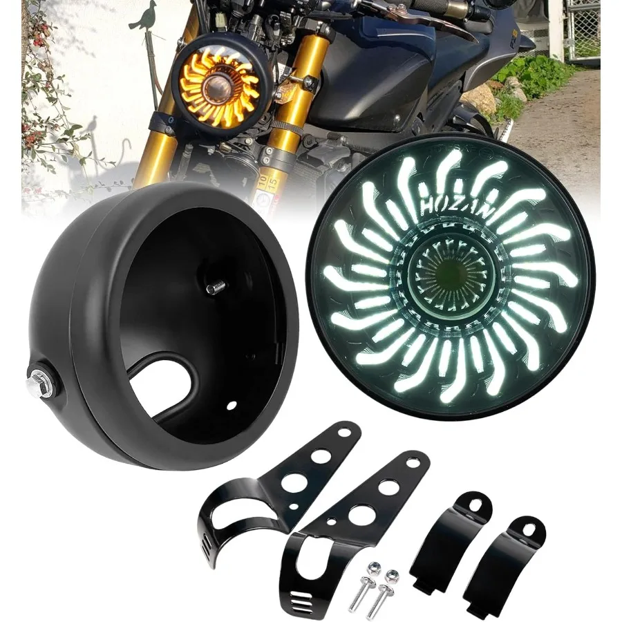 5-3/4 5.75" White/Amber chrysanthemum petal DRL Motorcycle Headlight with Headlight Housing Bucket Mount Brackets Compatible wit
5-3/4 5.75" White/Amber chrysanthemum petal DRL Motorcycle Headlight with Headlight Housing Bucket Mount Brackets Compatible wit