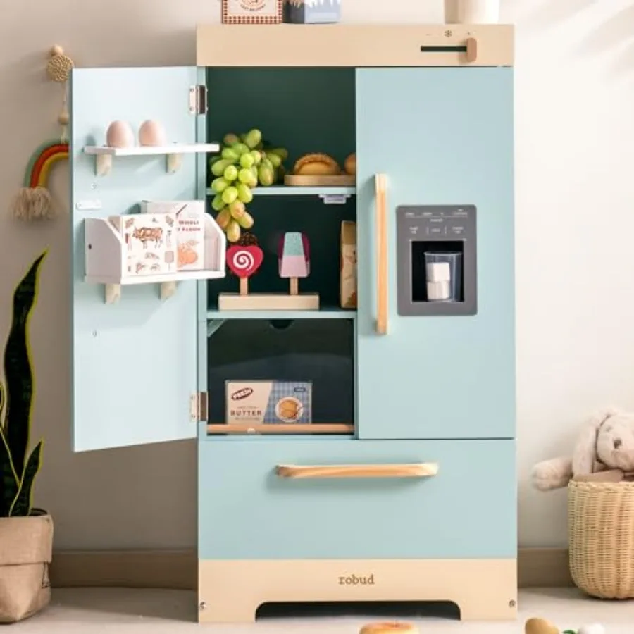 ' pretend play fridge freezer set with ice dispenser, wooden material, natural wood color, full accessories included for imagin
' pretend play fridge freezer set with ice dispenser, wooden material, natural wood color, full accessories included for imagin
