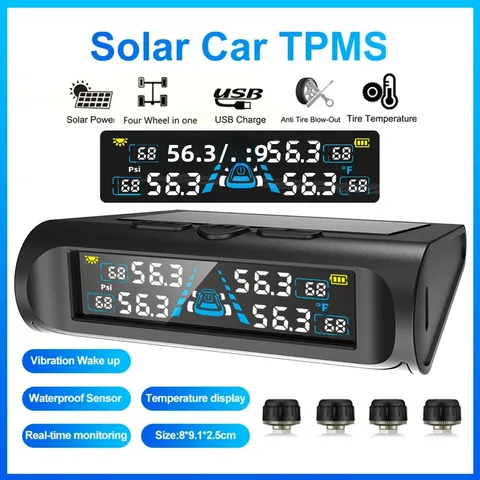 USB/Solar TPMS Temperature Monitor with 4 External Sensors Digital LCD Display 0-6.8Bar T21 Tire Pressure Gauge Car Tyre Monitor