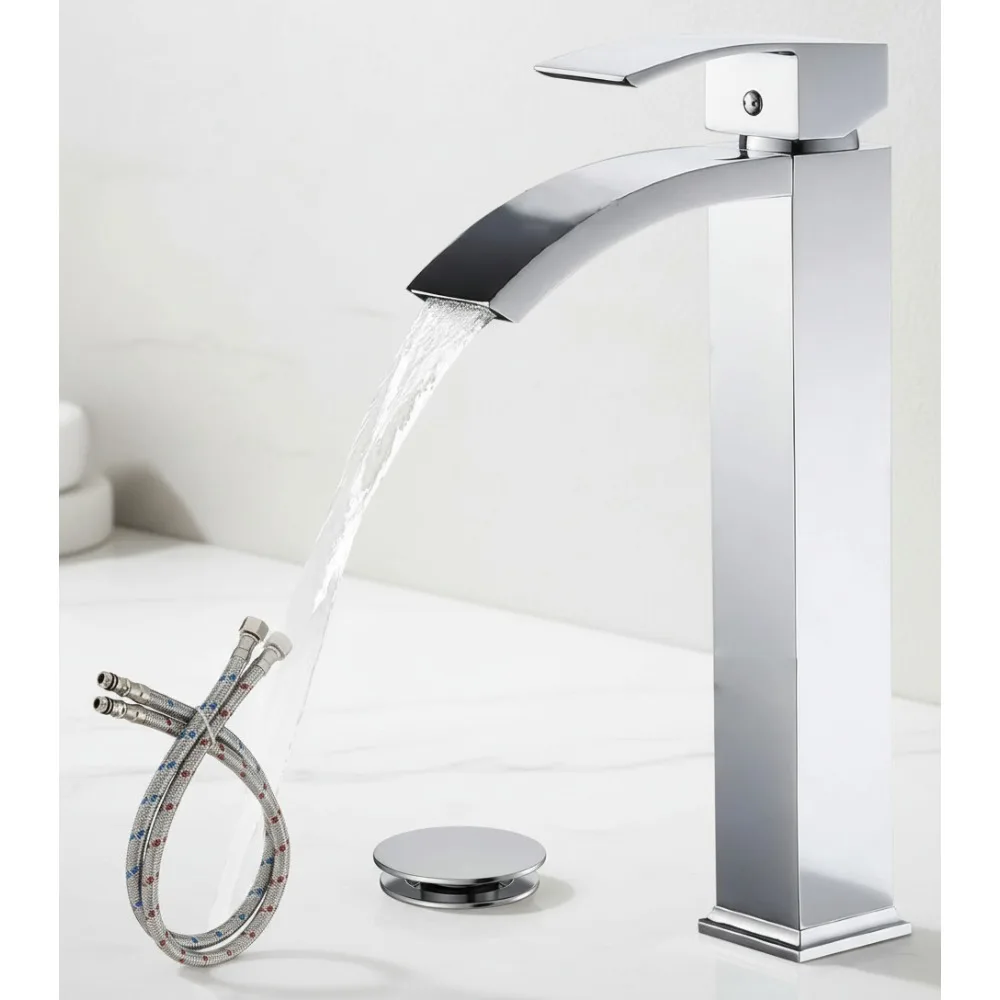 Waterfall Bathroom Faucet Single Handle Vessel Sink Tall Spout with Pop Up Drain Modern Chrome Finish
Waterfall Bathroom Faucet Single Handle Vessel Sink Tall Spout with Pop Up Drain Modern Chrome Finish