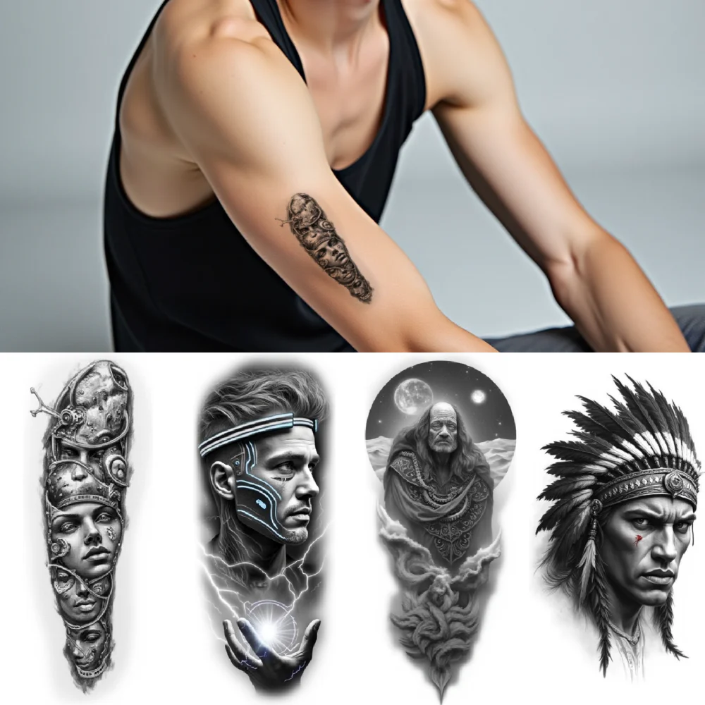 12pcs Temporary Tattoo Black And Grey Realism Old Man Portrait Feathered Headdress Woman With Crown For Women Arms Thighs
12pcs Temporary Tattoo Black And Grey Realism Old Man Portrait Feathered Headdress Woman With Crown For Women Arms Thighs