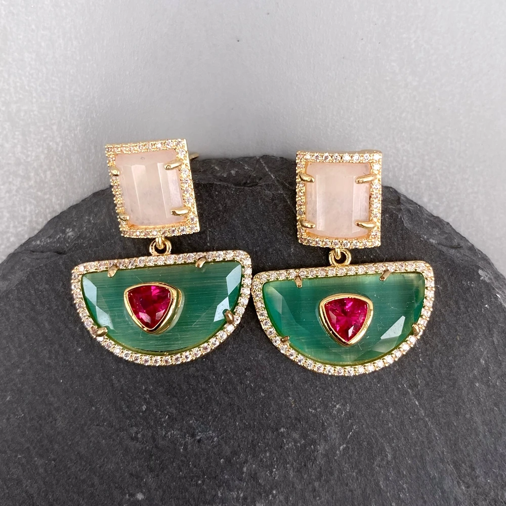 Y·YING Pink Jade Semicircle Green Cat Eye Cz Stud Dangle Cz pave Earrings Party Jewelry Wholesale
Y·YING Pink Jade Semicircle Green Cat Eye Cz Stud Dangle Cz pave Earrings Party Jewelry Wholesale