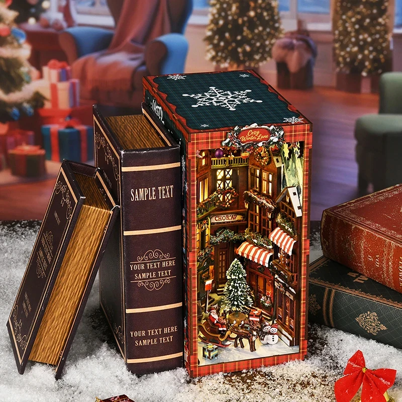 OUZEY Wooden Miniature Book Nook Shelf Insert Kit Christmas Street Corner Model With LED Light Bookend for Friends Gift
OUZEY Wooden Miniature Book Nook Shelf Insert Kit Christmas Street Corner Model With LED Light Bookend for Friends Gift