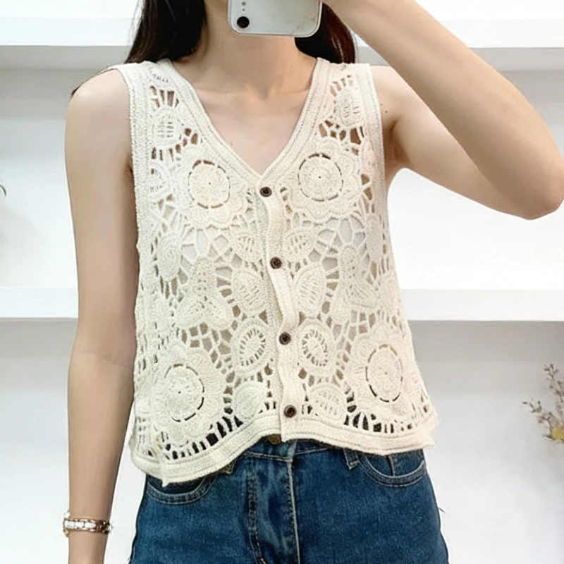 Женский вязаный крючком топ на пуговицах с цветочной вышивкой, блузка без рукавов, свитер, жилет, укороченные топы с открытой вязкой, летняя пляжная накидка в стиле бохо
Женский вязаный крючком топ на пуговицах с цветочной вышивкой, блузка без рукавов, свитер, жилет, укороченные топы с открытой вязкой, летняя пляжная накидка в стиле бохо