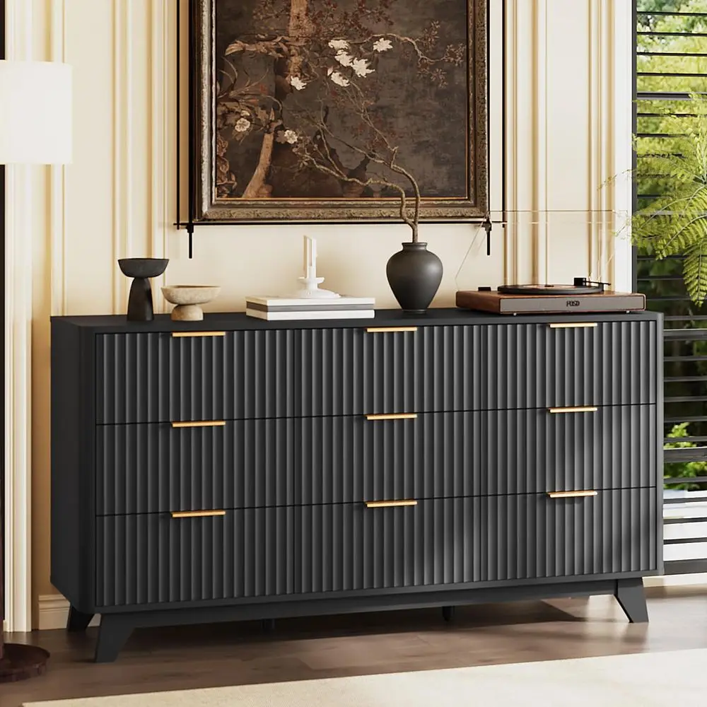 Black Dresser 9 Drawer, Fluted Dresser with Rounded Edges, 57 Long Modern Dressers for Bedroom, Black and Gold, 57 W15.75 D29.9
Black Dresser 9 Drawer, Fluted Dresser with Rounded Edges, 57 Long Modern Dressers for Bedroom, Black and Gold, 57 W15.75 D29.9