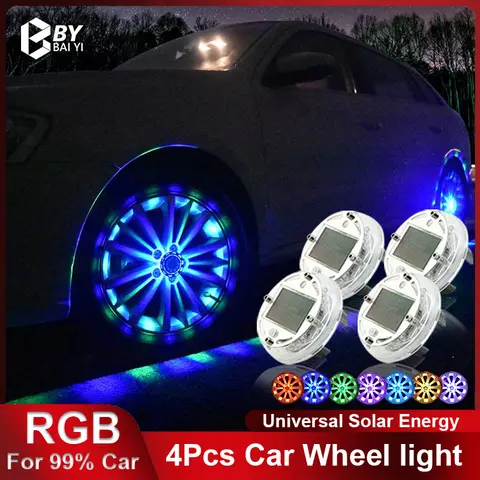 4Pcs Car Wheel light Solar Energy Flash Waterproof Auto Shining Hub Lamp RGB Solar Tire Colorful Atmosphere Lamp Car Accessories