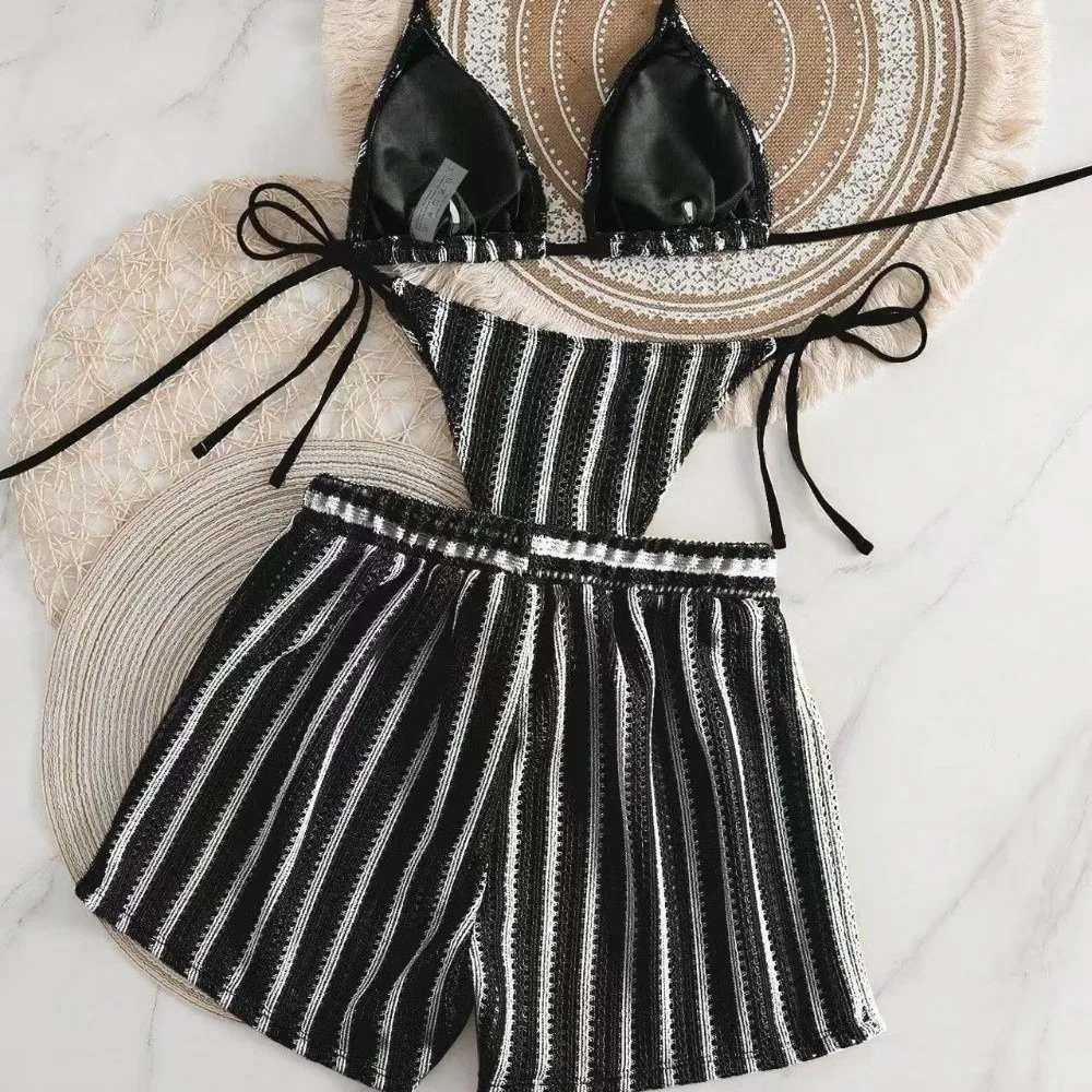 Casual Stripes 3 in 1 Swimwear Set Lace Up Sleeveless Bikini Bathing Suit Deep-V Slim Fit Knitting Swimsuit Ladies
Casual Stripes 3 in 1 Swimwear Set Lace Up Sleeveless Bikini Bathing Suit Deep-V Slim Fit Knitting Swimsuit Ladies