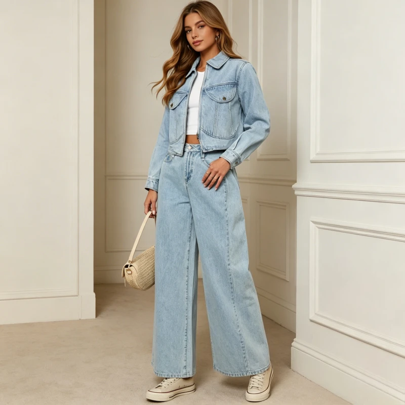 Women Denim Pant Set Turn Down Collar Full Sleeve Coat Wide Leg Long Pants Buttons Work Casual Splice Y2k Streetwear 2026 Summer
Women Denim Pant Set Turn Down Collar Full Sleeve Coat Wide Leg Long Pants Buttons Work Casual Splice Y2k Streetwear 2026 Summer