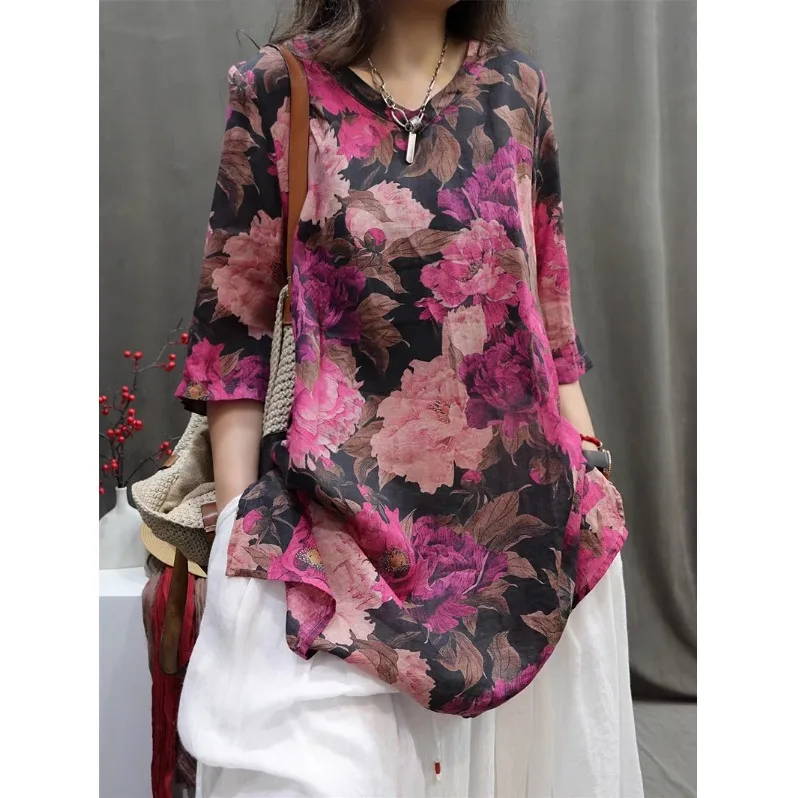 plus Size Women's Cotton Linen T-Shirt V-Neck Mid-Length Base Shirt Spring Summer New Style Floral Print Comfortable Top
plus Size Women's Cotton Linen T-Shirt V-Neck Mid-Length Base Shirt Spring Summer New Style Floral Print Comfortable Top