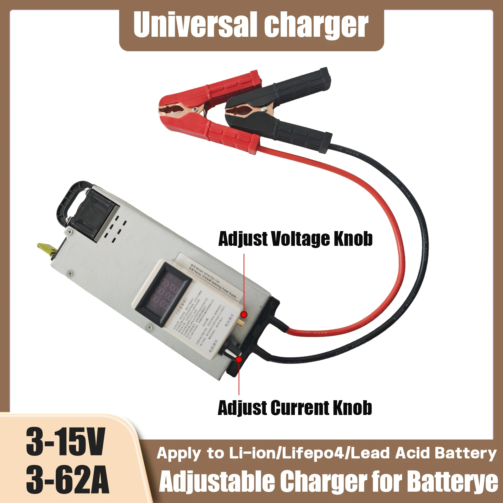 LiFePO4 Charger12V 62A Rated 60A Continuous 110–240V AC Adjustable Output 3–15 V Fast-Charging Adapter for LiFePO4 Batteries
LiFePO4 Charger12V 62A Rated 60A Continuous 110–240V AC Adjustable Output 3–15 V Fast-Charging Adapter for LiFePO4 Batteries