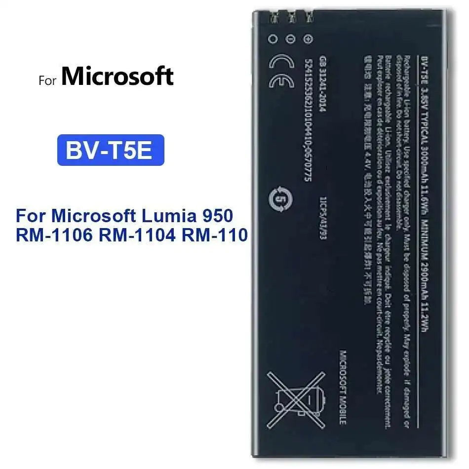 For Microsoft Nokia Lumia 950 RM-1106 RM-1104 RM-110 Mobile Phone Battery 3000mAh Long Lasting Durable BV-T5E
For Microsoft Nokia Lumia 950 RM-1106 RM-1104 RM-110 Mobile Phone Battery 3000mAh Long Lasting Durable BV-T5E