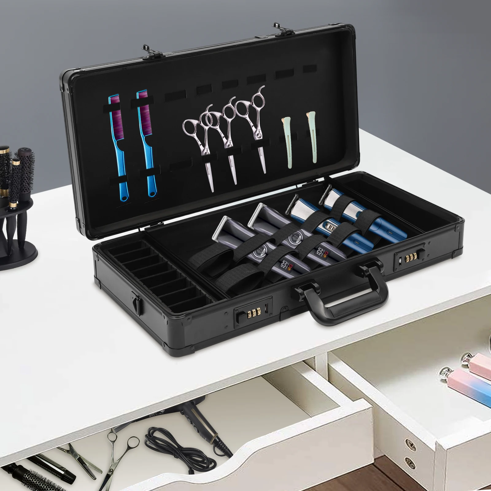 Professional Barber Case, Aluminum Alloy, Dual Combination Locks, 22lbs Capacity, Portable, for Styling Tools, Pet Grooming
Professional Barber Case, Aluminum Alloy, Dual Combination Locks, 22lbs Capacity, Portable, for Styling Tools, Pet Grooming