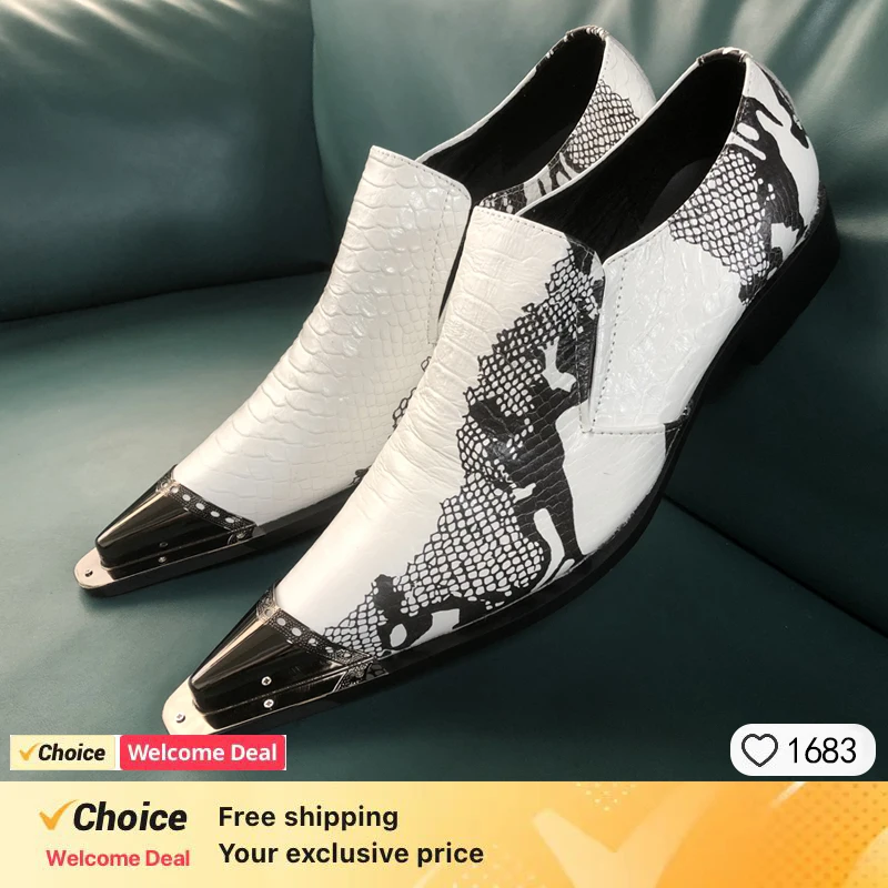 White Men Shoes Print Design Genuine Leather Pointy Metal Toe Block Fashion Slip On Business Office Dress Party Leather Shoes
White Men Shoes Print Design Genuine Leather Pointy Metal Toe Block Fashion Slip On Business Office Dress Party Leather Shoes