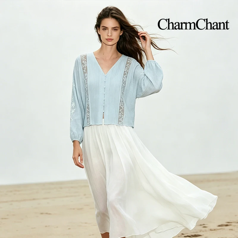 CHARMCHANT Women's Light Blue Cotton Lace Embroidery Button Down Shirt V-Neck Balloon Sleeve Beach Vacation Blouse Summer 2026
CHARMCHANT Women's Light Blue Cotton Lace Embroidery Button Down Shirt V-Neck Balloon Sleeve Beach Vacation Blouse Summer 2026