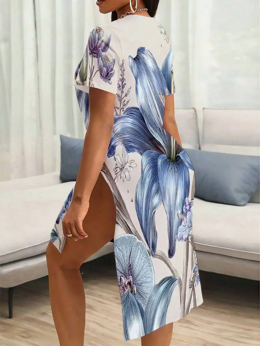 Floral Print Bodycon Dress With High Side Slit Short Sleeve Mini Dress For Women
Floral Print Bodycon Dress With High Side Slit Short Sleeve Mini Dress For Women