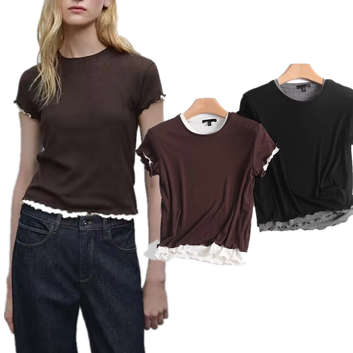 Withered French Fashion Cotton Fake Two-piece T-shirt Summer Short Sleeved Contrasting Top Minimalist Round Neck T-shirt
Withered French Fashion Cotton Fake Two-piece T-shirt Summer Short Sleeved Contrasting Top Minimalist Round Neck T-shirt