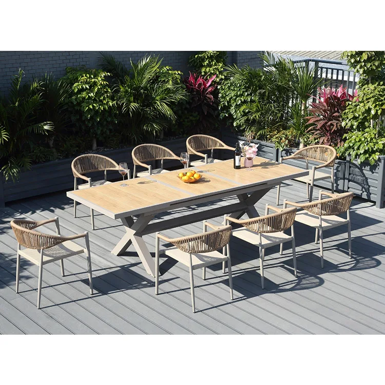 # Modern Durable Aluminum Extendable Dining Table With 6 Rope Chairs Foldable For Hotel Patio Sets
# Modern Durable Aluminum Extendable Dining Table With 6 Rope Chairs Foldable For Hotel Patio Sets